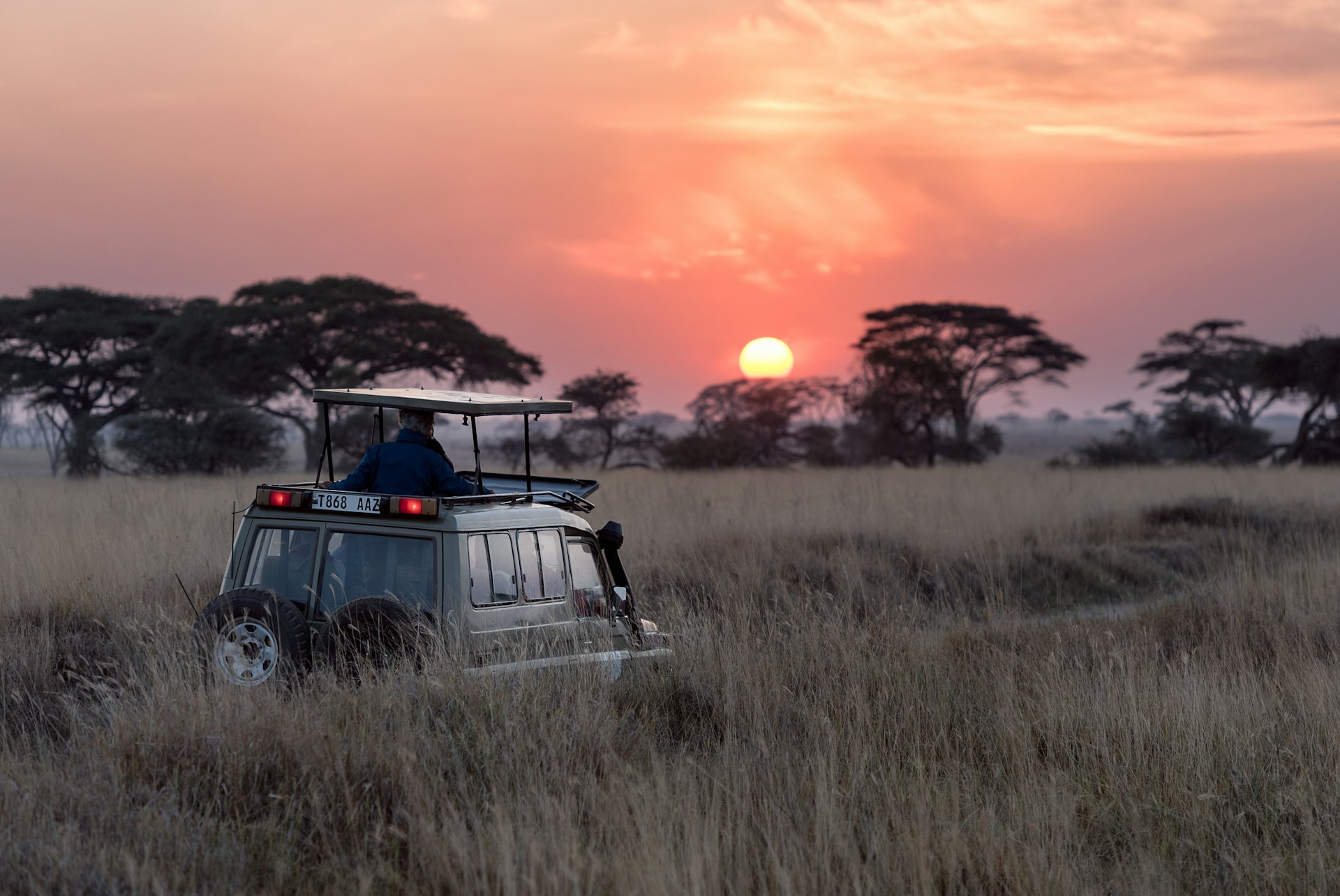 Ultimate Africa safari - jeep at sunset on the savannah
